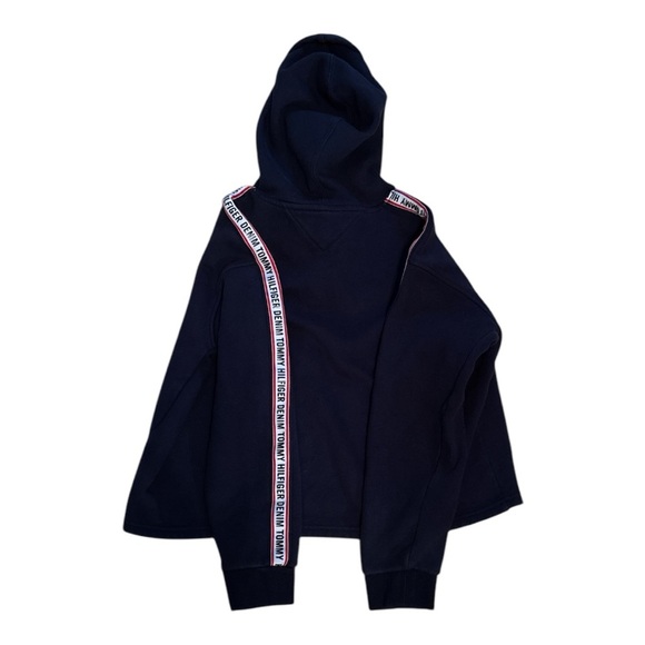Tommy Hilfiger Navy Sweatshirt Hoodie Cropped with Logo Stripes Y2K SIZE LARGE - Picture 2 of 3